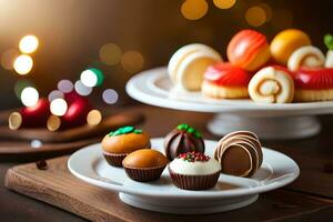 divers types van chocolaatjes Aan een bord. ai-gegenereerd foto