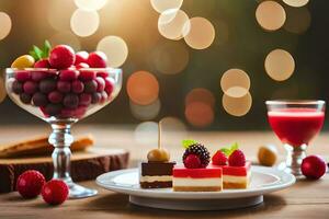 een bord met fruit en toetje Aan een tafel. ai-gegenereerd foto