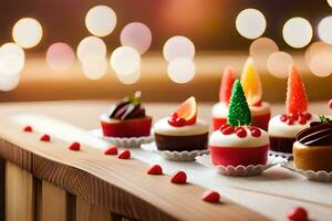 Kerstmis cakes Aan een houten tafel met lichten. ai-gegenereerd foto