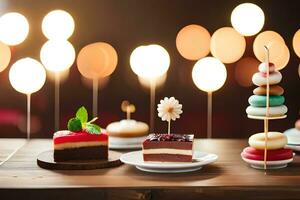 divers cakes en desserts Aan een houten tafel. ai-gegenereerd foto