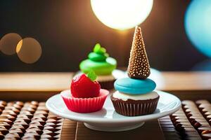 drie cupcakes Aan een bord met een licht in de achtergrond. ai-gegenereerd foto