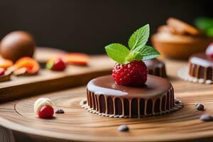 chocola desserts met frambozen en munt. ai-gegenereerd foto