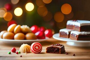 Kerstmis desserts Aan een houten tafel. ai-gegenereerd foto