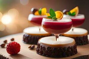 drie desserts met fruit en chocola Aan top. ai-gegenereerd foto