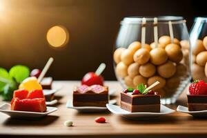 divers desserts Aan een tafel met een glas van wijn. ai-gegenereerd foto