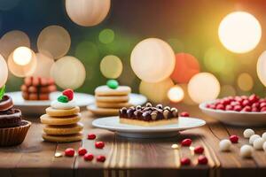 Kerstmis desserts Aan een houten tafel met lichten. ai-gegenereerd foto