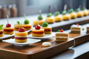 een lang tafel met een verscheidenheid van desserts. ai-gegenereerd foto