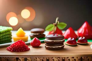 divers chocola en fruit desserts Aan een houten tafel. ai-gegenereerd foto