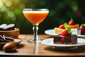 een tafel met desserts en een drankje. ai-gegenereerd foto