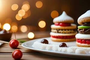 Kerstmis cakes Aan een bord met een kaars. ai-gegenereerd foto