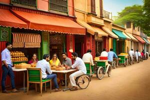 een groep van mensen zittend Bij tafels in een klein straat. ai-gegenereerd foto