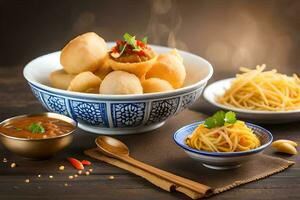 Chinese voedsel met kommen van noedels, saus en andere ingrediënten. ai-gegenereerd foto