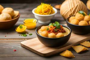 Indisch voedsel met aardappelen en brood Aan een houten tafel. ai-gegenereerd foto