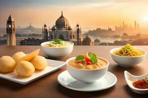 Indisch voedsel met een visie van de stad horizon. ai-gegenereerd foto