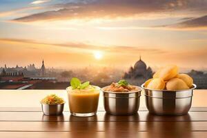 drie kommen met voedsel Aan een tafel met een visie van de stad. ai-gegenereerd foto