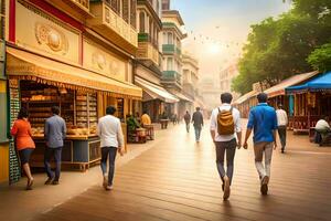 mensen wandelen naar beneden een straat in een stad. ai-gegenereerd foto