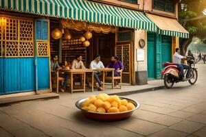 een straat tafereel met mensen zittend buiten een restaurant. ai-gegenereerd foto