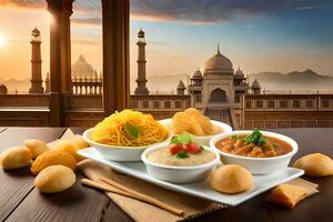 Indisch voedsel met taj mahal in achtergrond. ai-gegenereerd foto