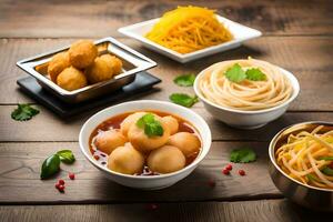 divers gerechten van Aziatisch voedsel Aan een houten tafel. ai-gegenereerd foto