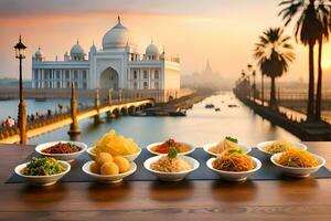 Indisch voedsel in kommen Aan een tafel in voorkant van de taj mahal. ai-gegenereerd foto