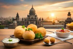 Indisch voedsel Aan houten tafel met stad visie in achtergrond. ai-gegenereerd foto