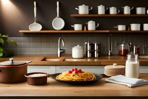 een keuken met een houten tafel en een kom van pasta. ai-gegenereerd foto