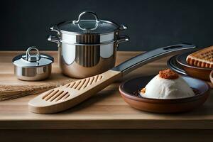 een houten lepel, een kom en een pot Aan een tafel. ai-gegenereerd foto