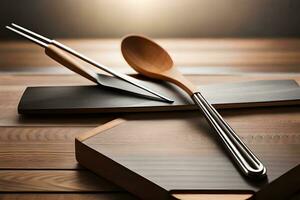 een houten lepel en mes Aan een snijdend bord. ai-gegenereerd foto