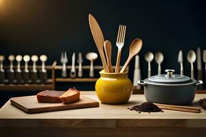 een houten tafel met gereedschap en een pot Aan het. ai-gegenereerd foto