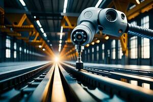 een robot is werken Aan een bijhouden in een fabriek. ai-gegenereerd foto