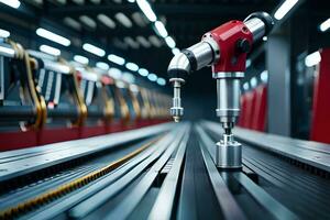 een robot is werken Aan een machine in een fabriek. ai-gegenereerd foto