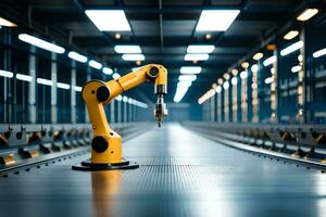 een robot arm is staand in een fabriek. ai-gegenereerd foto