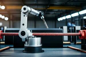 een robot arm is zittend Aan een tafel in een fabriek. ai-gegenereerd foto