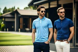 twee mannen in blauw polo overhemden en zonnebril. ai-gegenereerd foto