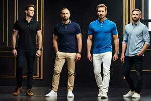 vijf mannen in verschillend kleuren van polo overhemden. ai-gegenereerd foto
