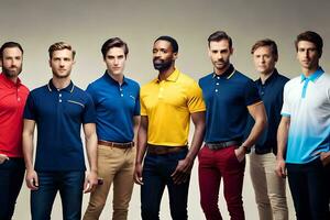 een groep van mannen vervelend verschillend kleuren van polo overhemden. ai-gegenereerd foto
