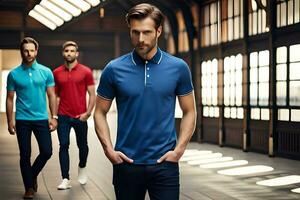 drie mannen in blauw, rood en zwart polo overhemden. ai-gegenereerd foto