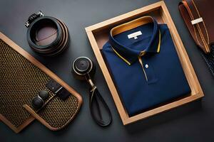 een blauw polo shirt, leer geval en andere accessoires. ai-gegenereerd foto