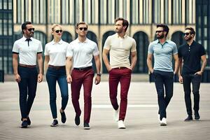 vijf mannen in polo overhemden en jeans wandelen samen. ai-gegenereerd foto