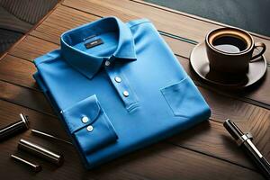 een blauw overhemd en een kop van koffie zitten Aan een tafel. ai-gegenereerd foto
