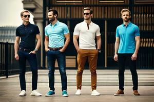 vijf mannen in verschillend kleuren van polo overhemden. ai-gegenereerd foto