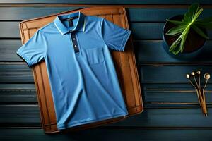 blauw polo overhemd mockup Aan houten tafel. ai-gegenereerd foto