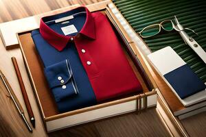 een rood en blauw overhemd in een doos met een paar- van bril en een pen. ai-gegenereerd foto