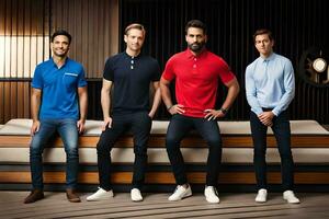 vier mannen in verschillend kleuren van polo overhemden. ai-gegenereerd foto
