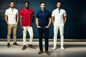 vier mannen in verschillend polo overhemden en broek. ai-gegenereerd foto