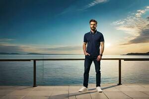 een Mens in een polo overhemd staand Aan een balkon met uitzicht de oceaan. ai-gegenereerd foto