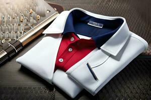 een wit overhemd en rood en blauw shirt. ai-gegenereerd foto