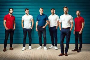 zes mannen in verschillend kleuren van polo overhemden. ai-gegenereerd foto