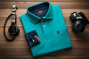 een blauw polo shirt, camera, en andere accessoires. ai-gegenereerd foto