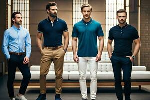 vijf mannen in verschillend kleuren van polo overhemden. ai-gegenereerd foto